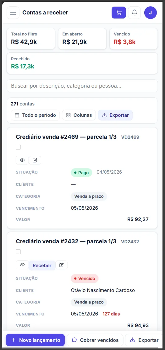 Contas a receber do VENDE+ no celular
