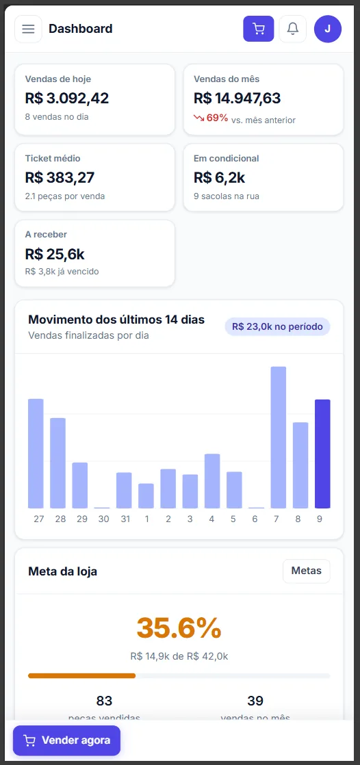 Dashboard do VENDE+ no celular com vendas do dia