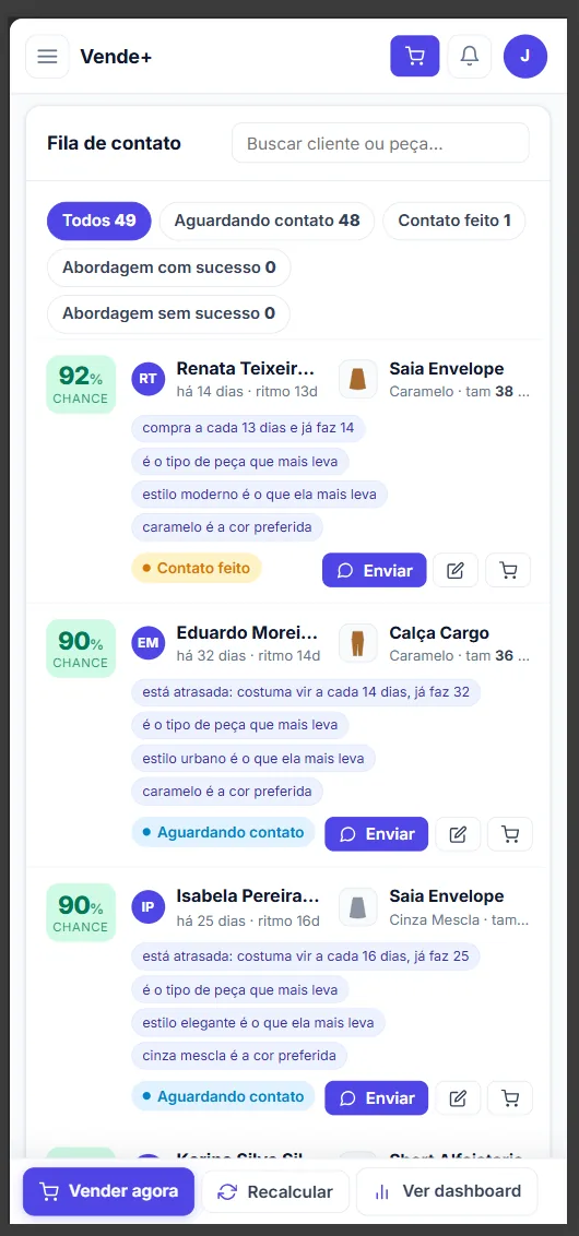 Fila de contatos sugeridos pelo VENDE+ no celular