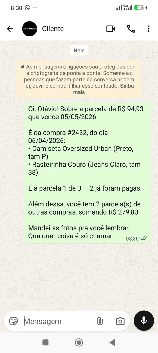 Mensagem de cobrança de parcela pelo WhatsApp