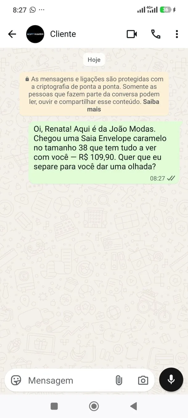 Oferta de peça enviada pelo WhatsApp a partir de um gatilho do VENDE+