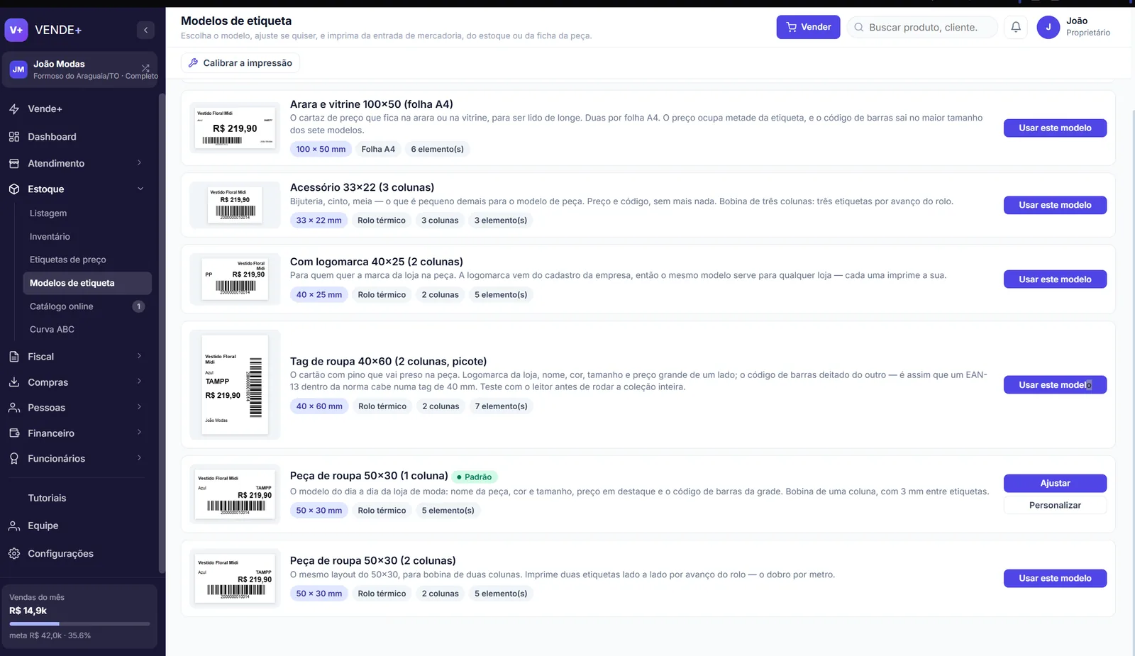 Modelos de etiqueta prontos no VENDE+